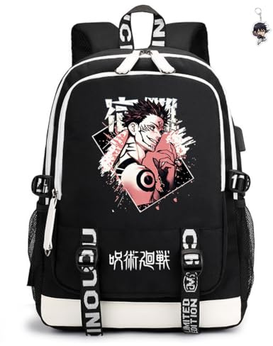 GDFENDU Zaino giapponese anime con portachiavi, porta USB da 17 pollici, zaino per computer portatile, zaino a tracolla per libri scolastici, zaino per studenti.