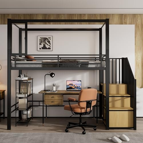 Cama alta, cama de hierro, tablero de fibra de densidad media, escalera con armario y estantes, ventana de placa acrílica con atracción magnética, diseño libre de la planta inferior, color negro +