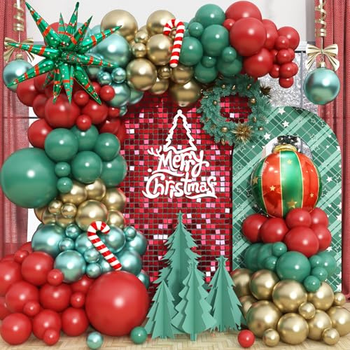 Nutcracker Christmas Balloon Arch Garland Kit, Metallic Dark Green Burgundy Gold Xmas Balloons with Spikes & christmas Balls Foil Balloon for New Year Merry Christmas Holiday Home Party Decorations