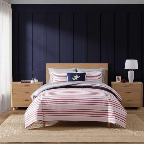 Tommy Hilfiger Bettwäsche-Set für Doppelbett, wendbar, Baumwolle, natürlich weich, klassisches Americana, 2-teiliges Bettwäsche-Set mit passendem Kissenbezug (Mandalay Beach Stripe/Vermont Plaid Red)