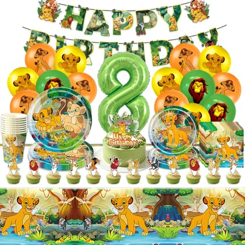 Paquete de decoración de fiesta de 84 piezas de Rey León para cumpleaños de 8 años, vajilla de papel para fiesta infantil con platos, vasos y globos de cumpleaños para 10 personas