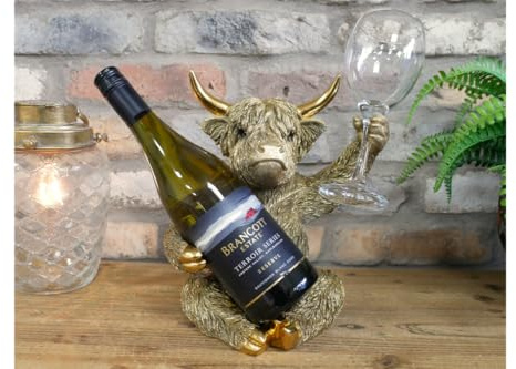 MAISONICA Gold Wine Bottle & Glass Holder - Highland Shaggy Cow Fun Funky Gift
