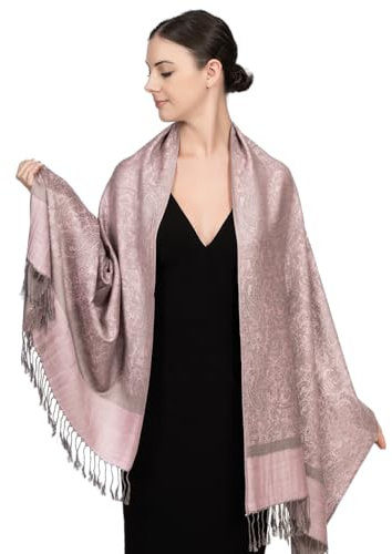 Achillea Zweifarbiger Vintage-Schal aus Jacquard, Paisleymuster, Pashmina-Schal, Pink, Grau