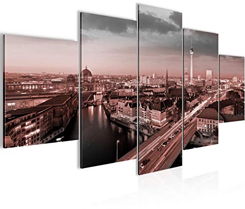 Runa Art Bild Wohnzimmer Büro Berlin 5 Teilig Stadt Skyline Rosa Wandbilder auf Vlies Leinwand 605153b