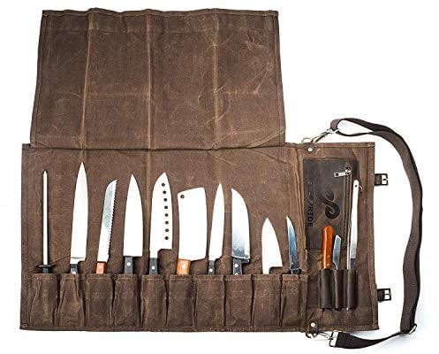 EVERPRIDE Borsa arrotolabile per coltelli da chef in tela cerata e pelle - Borsa da chef per 10 coltelli fino a 45,7 cm più tasca per accessori da cucina - Custodia resistente per chef professionisti