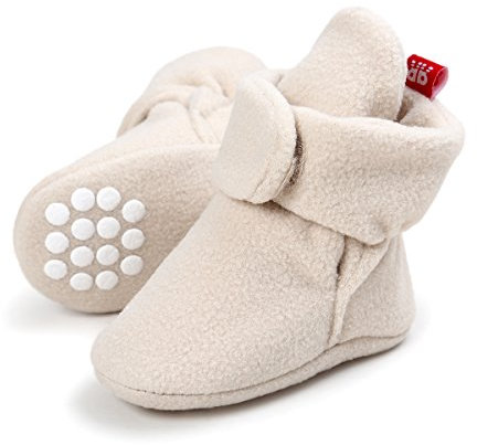 TMEOG Unisex-Baby Neugeborenes Fleece Booties Bio Baumwoll-Futter und Rutschfeste Greifer Winterschuhe (C_Beige, 12_months)