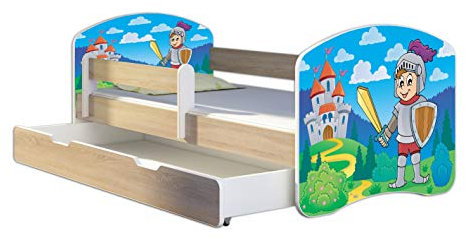 Kinderbett Jugendbett mit einer Schublade und Matratze Sonoma mit Rausfallschutz Lattenrost ACMA II 140x70 160x80 180x80 (32 Ritter, 180x80 + Bettkasten)