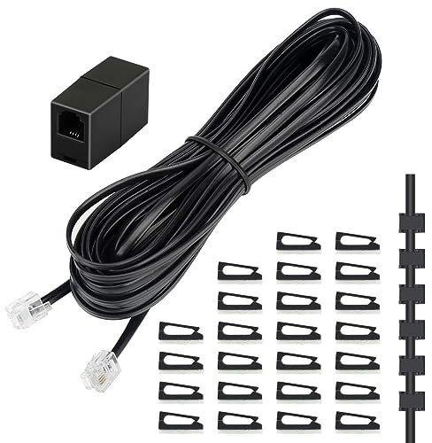 Uvital Phone Extension Cord 33 Ft, Telephone Cable with Standard RJ11 Plug and 1 in-Line Couplers and 20 Cable Clip Holders, Black