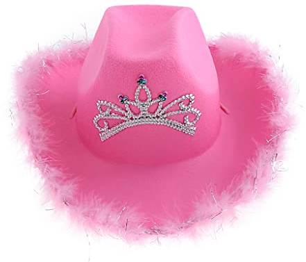 Oshhni Rosa Cowboyhut Breite Krempe mit Tiara Design Western Style Filz Hut für Frauen Kostüm Kostümparty , Federkrempe