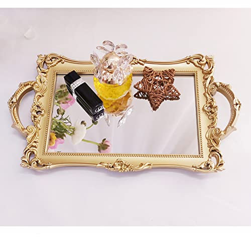 Yamfurga Bandeja rectangular pequeña decorativa con espejo, estilo francés, organizador de maquillaje, organizador de joyas, bandeja de servir, 13 x 7.8 pulgadas, color dorado