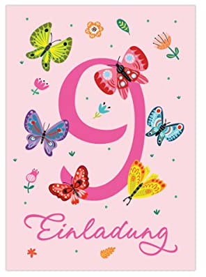 Junapack 12 Einladungskarten zum 9. Kindergeburtstag neunte Geburtstag Mädchen Schmetterlinge