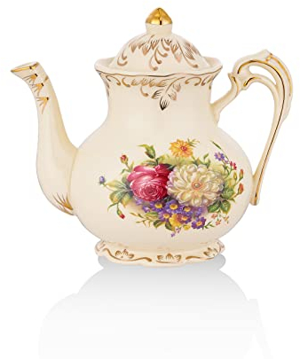 CHILDIKE Europäische Porzellan-Teekanne, Vintage-Blumen-Teekanne, Elfenbein-Goldrand, Blumen-Teekanne, Geschenk für Frauen (Floral 800 ml)