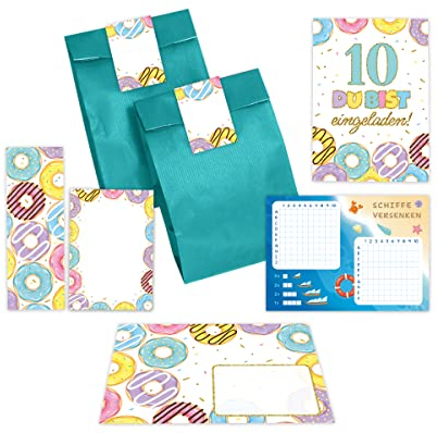 Minkocards 12 Einladungskarten zum zehnten Kindergeburtstag 10. Geburtstag Mädchen Donuts incl. 12 Umschläge, 12 Partytüten/petrol, 12 Aufkleber, 12 Lesezeichen, 12 Blöcke, 12 Schiffe versenken
