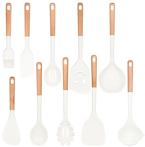 Juego de utensilios de cocina de silicona con mango de madera, 10 piezas, herramientas para hornear, antiadherentes, juego de utensilios de cocina, color blanco