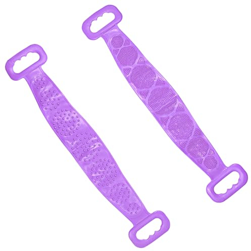 NUZAMAS Estropajo de silicona para la espalda, de silicona, 59,9 cm de largo, cepillo para el cuerpo del baño, exfoliante corporal con mango para hombres y mujeres, color morado