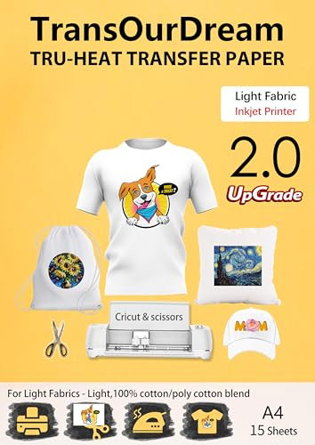TransOurDream Tru-Transfer Paper 15 Sheets A4 Inkjet Heat Transfer Paper for Light Fabric Upgraded 2.0 Iron On Transfers for White T-Shirts Printable Heat Transfer Vinyl (TOD-2.0-15)