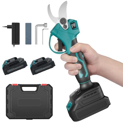 Sécateur Électrique sans Fil Geevorks 30mm avec 2 Batteries de 2000mAh et Chargeur, Sac de Transport, Secateur a Batterie 20V avec Interrupteur de Sécurité, Poignée Ergonomique Confortable