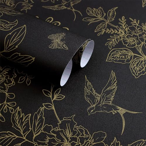 Froluya Black and Gold Vintage Floral Wallpaper Peel and Stick Wallpaper Removable Contact Paper Self Adhesive Peel and Stick Wallpaper Wall Paper for Bedroom Cabinets Shelf Liner Vinyl 118x17.7