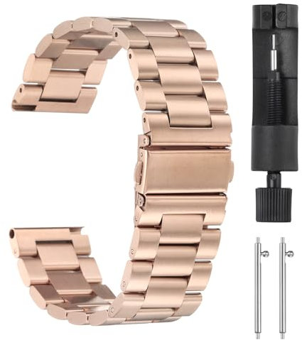 QUARKZMAN Edelstahl Ehrenarmband 22mm Metall Uhrenarmbänder Schmetterlingsverschluss Schnellverschluss Solide Stahlkette Ersatzarmband mit Adapter für Smartwatch Herren Damen, Roségold