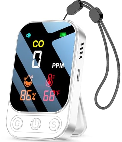 YOJOCK Kohlenmonoxidmelder mit intelligenter Alarmfunktion, 3-in-1 CO Melder Feuchtigkeit/Temperatur/Kohlenmonoxid-Konzentration, tragbarer aufladbarer CO Warner für Haushalt/Wohnmobil/Camping (white)