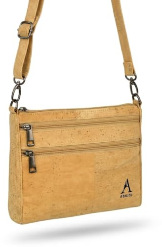 Assisi Style Cork Cross Body Bag Women, Vegan, 4 Zip Pockets, Natural Tan