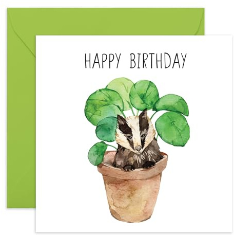 Delightful Birthday Card for Him - 'Badger Plant Pot' - Gifts for Men, Boys, Brother, Coworker - Adorable Animal - Comes with Fun Stickers