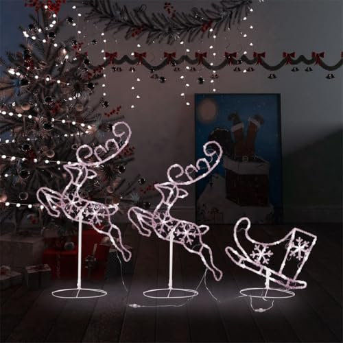 Acryl Weihnachten fliegende Rentier & Schlitten 260x21x87cm Warmweiß
