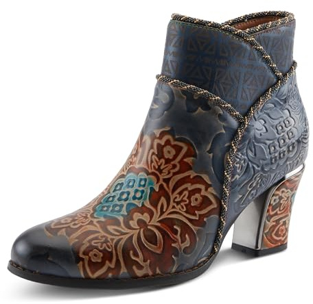 Spring Step L’Artiste Cherish Women’s Mid Heeled Ankle Boots – Embossed Floral Leather Booties with Artistic Design, Inside Zipper, Velvet Lining & Rubber Sole BLUE MULTI EU 35 / US 5