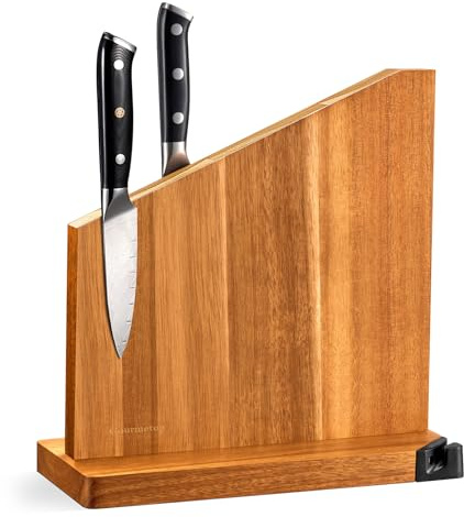 Gourmetop Knivblock Magnetisk med Integrerad Slipsten, 100% Akaciaträ Knivblock utan Knivar, Stark Dubbelsidig Magnetisk Knivhållare för Köket, Ljust Trä