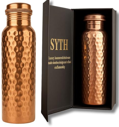 SYTH Luxuriöse Wasserflasche aus 100 % reinem Kupfer, BPA-frei, ayurvedische Kupfer-Trinkflasche für Damen und Herren, Labor-getestet, strapazierfähig und auslaufsicher, Kupfergefäß (Luxus-Geschenkbox