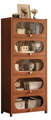 Tier Bookshelf Solid Wood Bookcase Floor Standing Display Storage Shelves Wide Bookshelf with Door for Living Room Home Office Library Brown-6F 60cm
