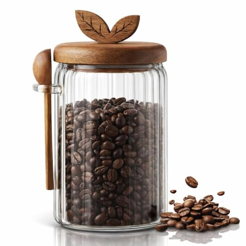 Punorric Coffee Jar - 900ml Airtight Coffee Bean Storage, Glass Kitchen Canisters with Wooden Lid & Spoon, Storage Jar for Tea,Cafe,Spices, Tea Caddy & Coffee Bar Accessories