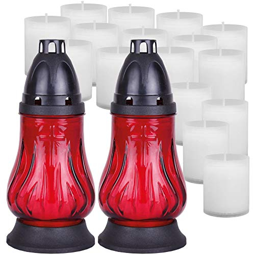 HS Candle Grablicht Glas 2 Stück in Rot mit ca. 18h Brenndauer inkl. 14 Kerzen