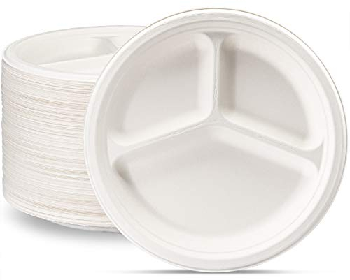 Comfy Package 100% Compostable 10 Inch Heavy-Duty Plates [125 Pack] 3 Compartment Eco-Friendly Disposable Sugarcane Paper Plates