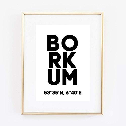 Din A4 Kunstdruck ungerahmt - Borkum Koordinaten Typographie Insel Nordsee Modern Druck Poster Bild