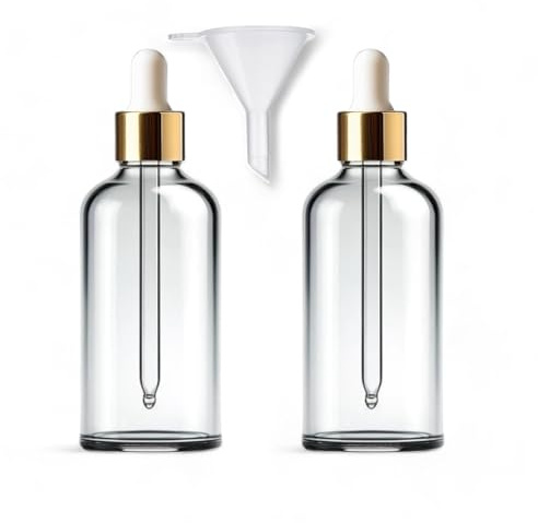 Avalon 100ml Clear Glass Dropper Bottles (Pack of 2) with White & Gold Glass Dropper Pipette + Funnel, Reusable Refillable Eco Friendly, Sustainable Living, Cosmetic Containers for Beauty & Skincare