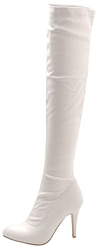 MJIASIAWA Femmes Fête Cuissarde Mode Aiguille Bottes Elastique Warm Robe Prom Prom Mariage Talons Hauts Hiver Boots Blanc Taille 38 EU/39 Asiatique