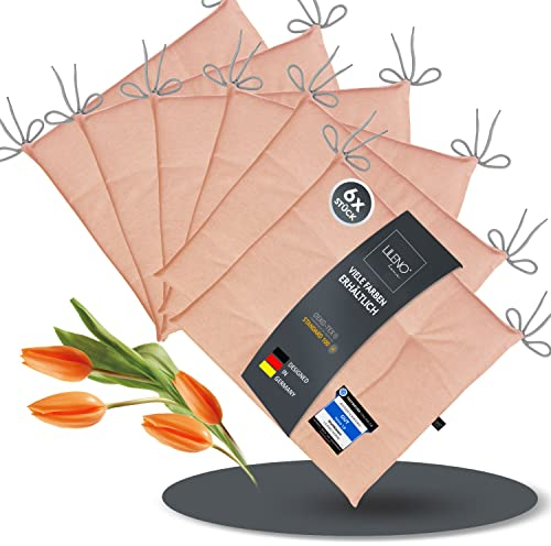 LILENO HOME 6er Set Stuhlkissen Rosé (40x40x4,5 cm) - Sitzkissen für Gartenstuhl, Küche oder Esszimmerstuhl - UV-beständige Indoor u. Outdoor Stuhlauflage als Stuhl Kissen (Laura FUM)