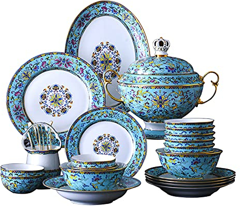 WIQUYBML 86 Piezas Juegos de Cena para 10 Personas Juegos de vajilla de Porcelana de Hueso Hechos a Mano Juegos de vajilla de Alta Gama para el hogar Tazón y Plato Juego de Comedor Estilo Palacio chi