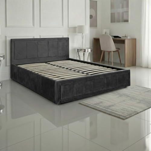 SANA SLEEP 6FT Super King Size Modern Hiley Ottoman Gas Lift Storage Faux Leather Bed (Plush Balck, 6FT)