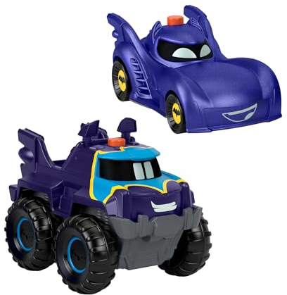 Fisher-Price Bathwheels Batmobil und Buff - Spielzeugauto-Set mit 2 Batwheels-Figuren im Maßstab 1:55, Taste aktiviert Lichteffekt-Action, für Kinder ab 3 Jahren, HML25