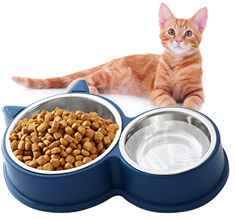 HUTVD Katzennäpfe Katzenschüssel Set, 30cm Edelstahl Doppel Napf, rutschfeste Katzennapf aus Edelstahl, Fressnapf Katze Wasserschale, Katzennapf erhöht Näpfe und Tränken für Haustier（Blau）