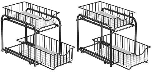 SONGMICS Lot de 2, Organiseur de Cuisine, Étagère sous Évier, 2 Paniers Coulissants, Empilable, Rangement dans Placard, sous Lavabo, avec Tiroirs, pour Cuisine, Salle de Bain, Noir Classique KCS017B02