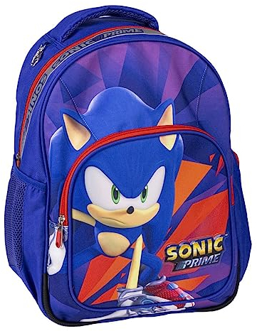 Mochila Escolar Mediana de Sonic Prime - Azul y Rojo - 32x15x42 cm - Fabricada en Poliéster - Incluye Bolsillo Lateral, Asas Ajustables y Varios Compartimentos - Producto Original Diseñado en España