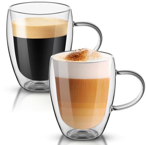 Dyserbuy 2 Pack Double Walled Glass Mug, Cappuccino Drinking Cups, Insulated Glass Coffee Cup with Handle, Perfect for Espresso, Latte, Espresso, Tea, Juice, Beverage (350ml/ 12oz)