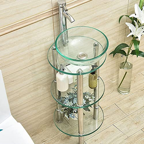 Schiffswaschbecken, Badezimmer-Waschbecken, Standwaschbecken aus gehärtetem Glas, Konsolenwaschbecken, Schiffswaschbecken, freistehende Edelstahl-Metallbeine, Waschbecken-Aufbewahrungsregal