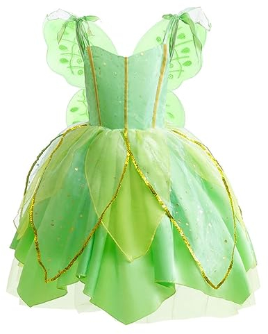 Lito Angels Deguisement Costume Fée Clochette, Robe de Fee Verte avec Ailes pour Enfant Fille, Taille 6-8 ans (étiquette en tissu 130)