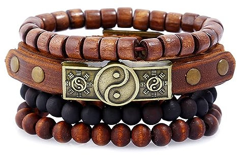 GAUEIOUR Cowhide Wooden Beaded Bracelet, Bagua Tribal Bangle for Men & Women, Multi-layered Beaded Wood Bead Bracelet (4PCS)