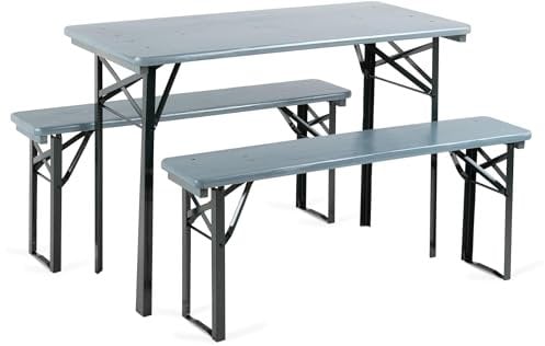 Stagecaptain BB-117 GY Hirschgarten Bierzeltgarnitur für Balkon - Kurze Version 117 cm Länge - Klappbare Festzeltgarnitur 1x Tisch & 2X Bank - Sitzgarnitur aus Holz - Innen- und Außenbereich - Grau