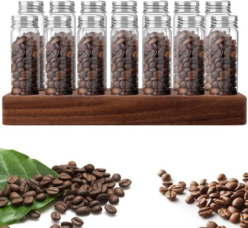 Single Dose Coffee Bean Storage Tubes Coffee Bean Dispenser, 14Pcs Sealed Glass Test Tubes with Walnut Wood Display Stand & Lids, Multipurpose Sealed Coffee Bean Glass Vials for Coffee Bean Spice